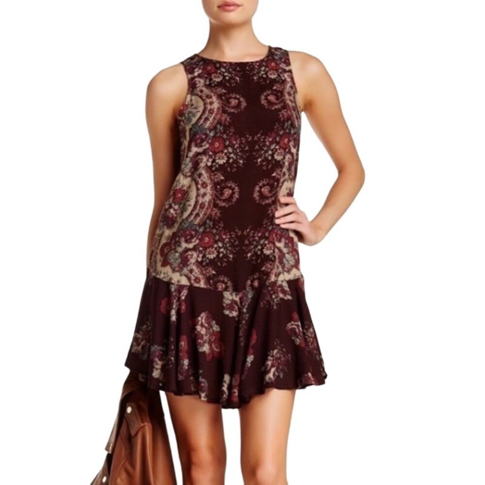 Free People Maroon Paisley Floral Print Dobby Dot Slip Dress Small